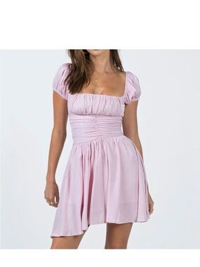 Princess Polly Petal Mini Dress: Square-Neck Puff Sleeve Mini Dress - Light Pink